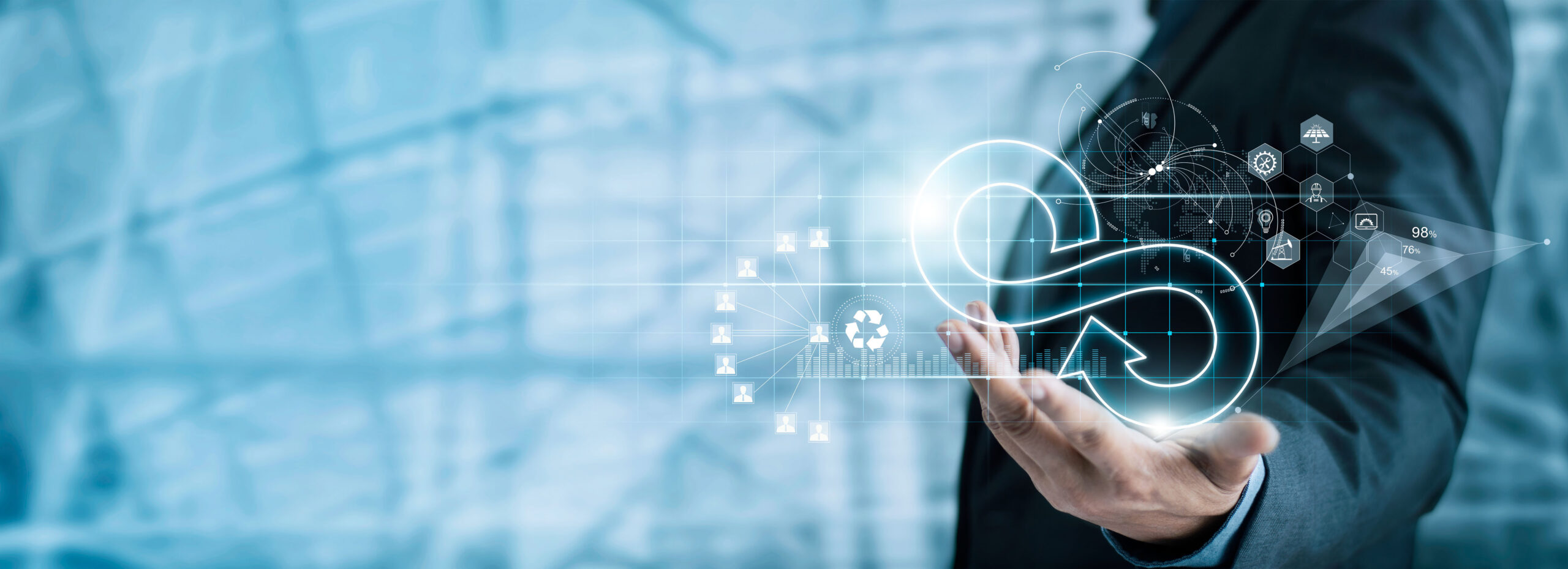 Businessman hold circular economy icon. Sustainable strategy approach to eliminate waste and pollution for future growth of business and environment, design to reuse and renewable material resources.
